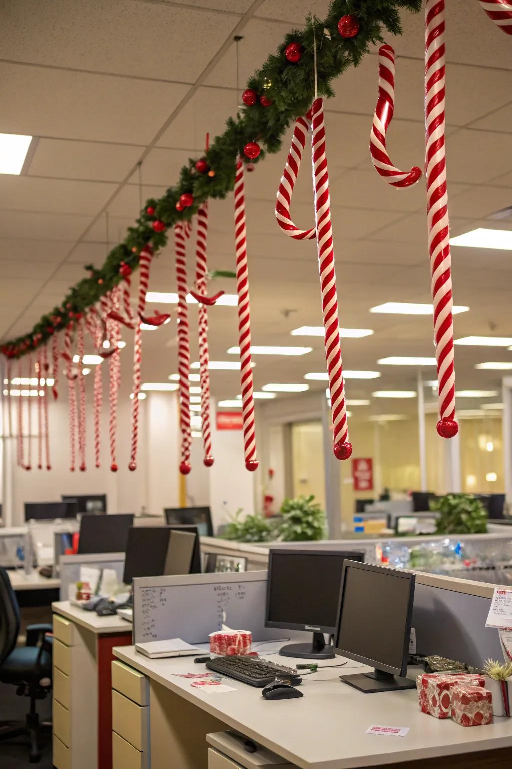 A candy cane wonderland adds a playful twist to office Christmas decor.