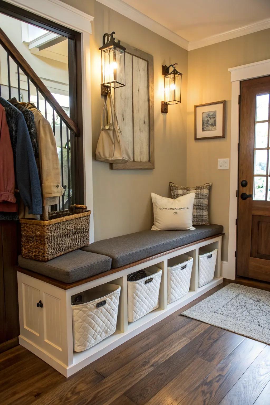 A bench that ingeniously doubles as hidden laundry storage.