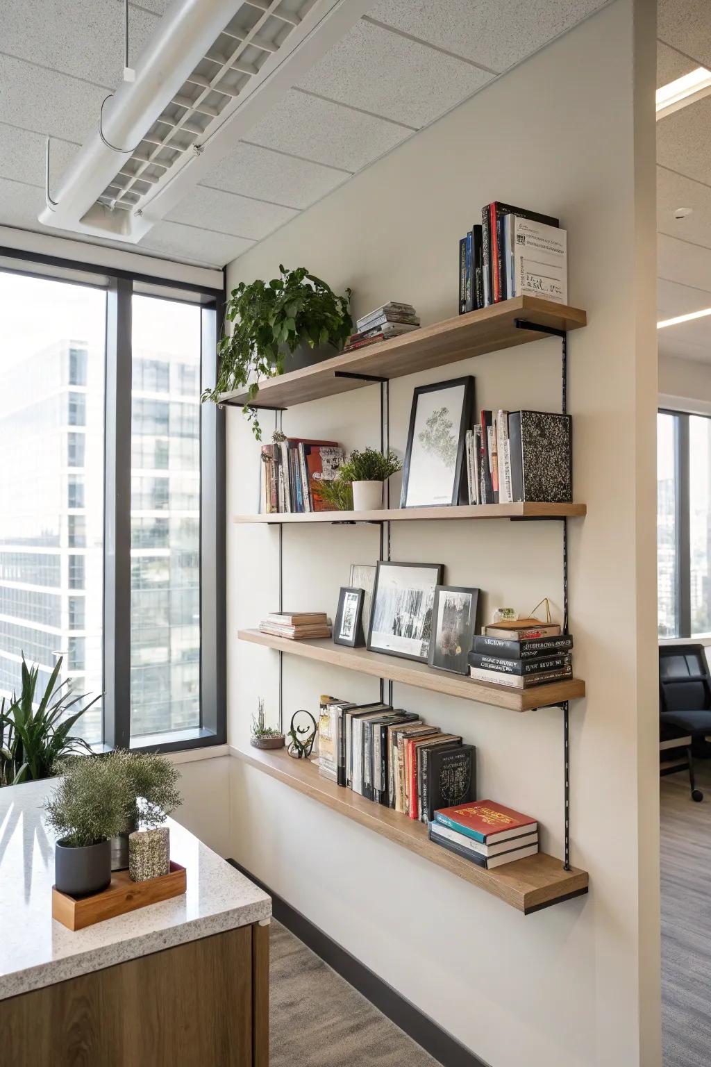 Floating shelves add functionality and style to this modern office.