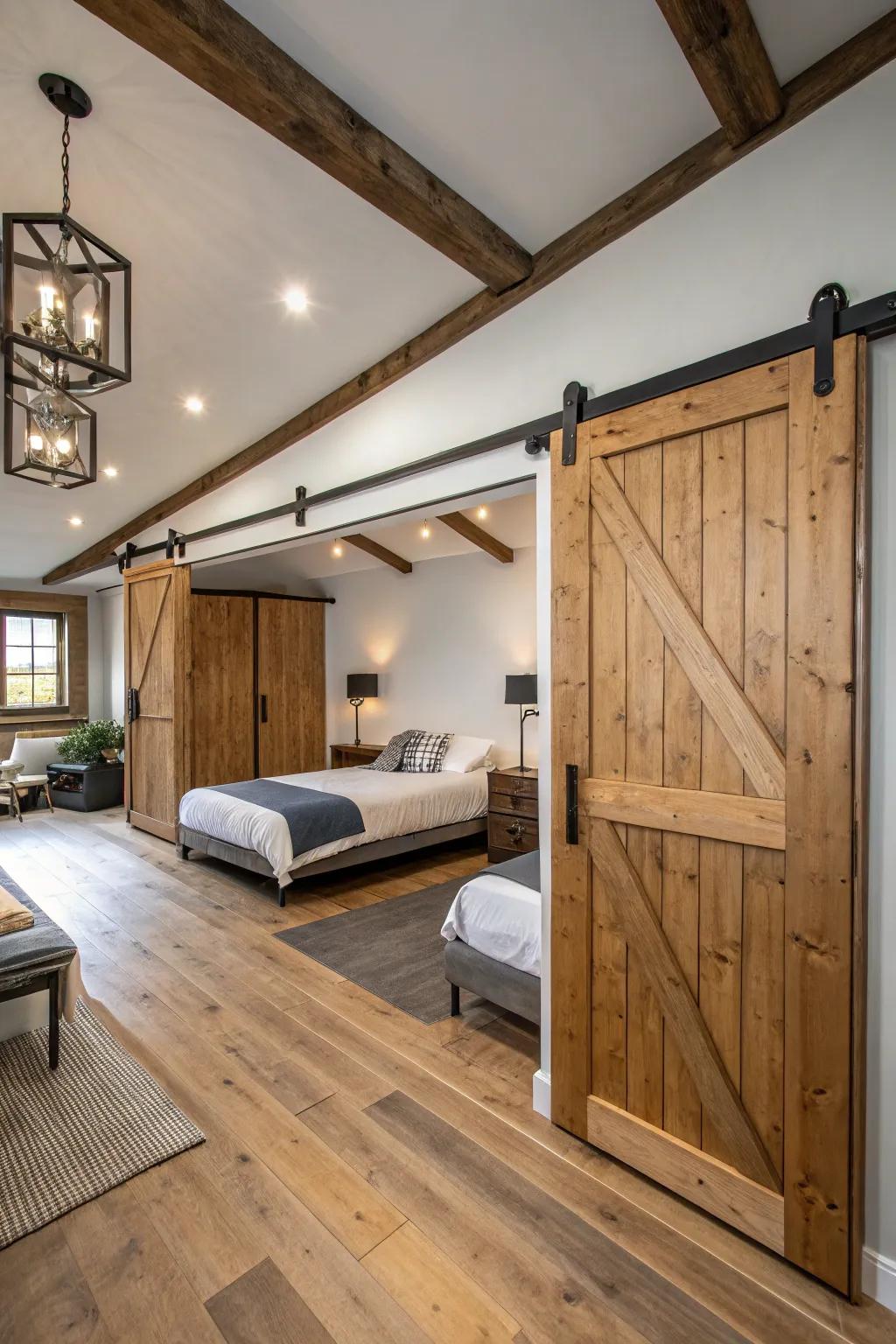 Sliding barn doors add rustic charm and privacy to a shared bedroom.