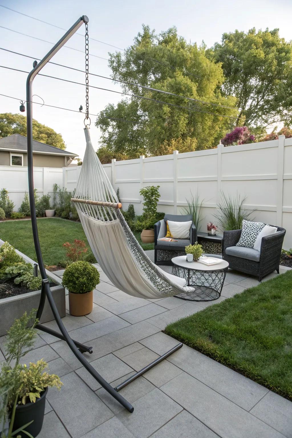 A stylish hammock stand that adds a touch of modernity to any outdoor space.