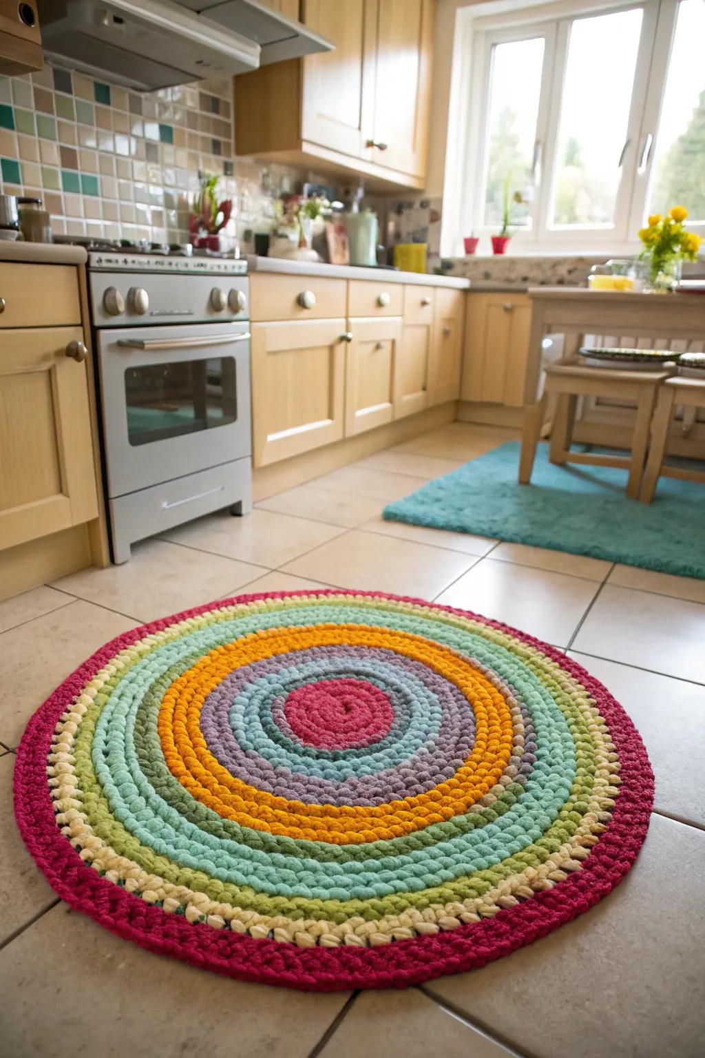 A vibrant crochet rag rug adding color to a kitchen.