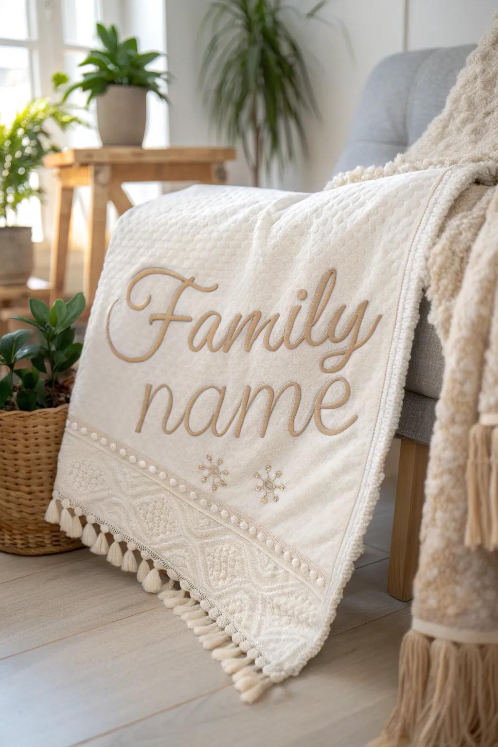 Wrap your home in warmth and love with personalized family name embroidery, blending minimalist elegance with a boho charm.