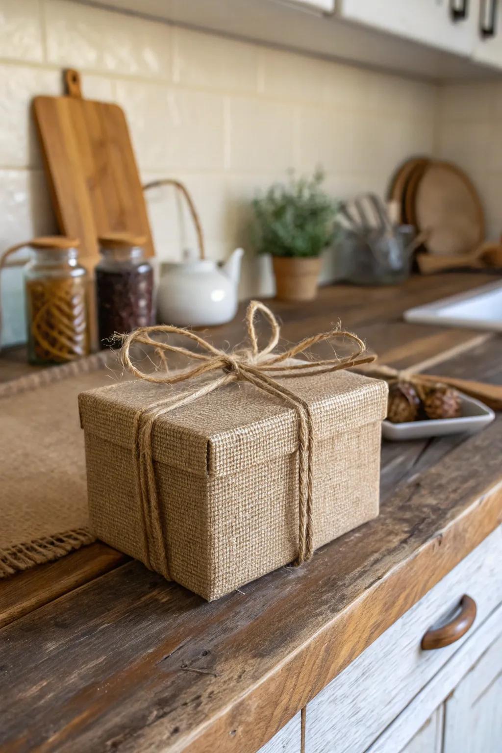 A burlap-wrapped box adding rustic charm to the kitchen.