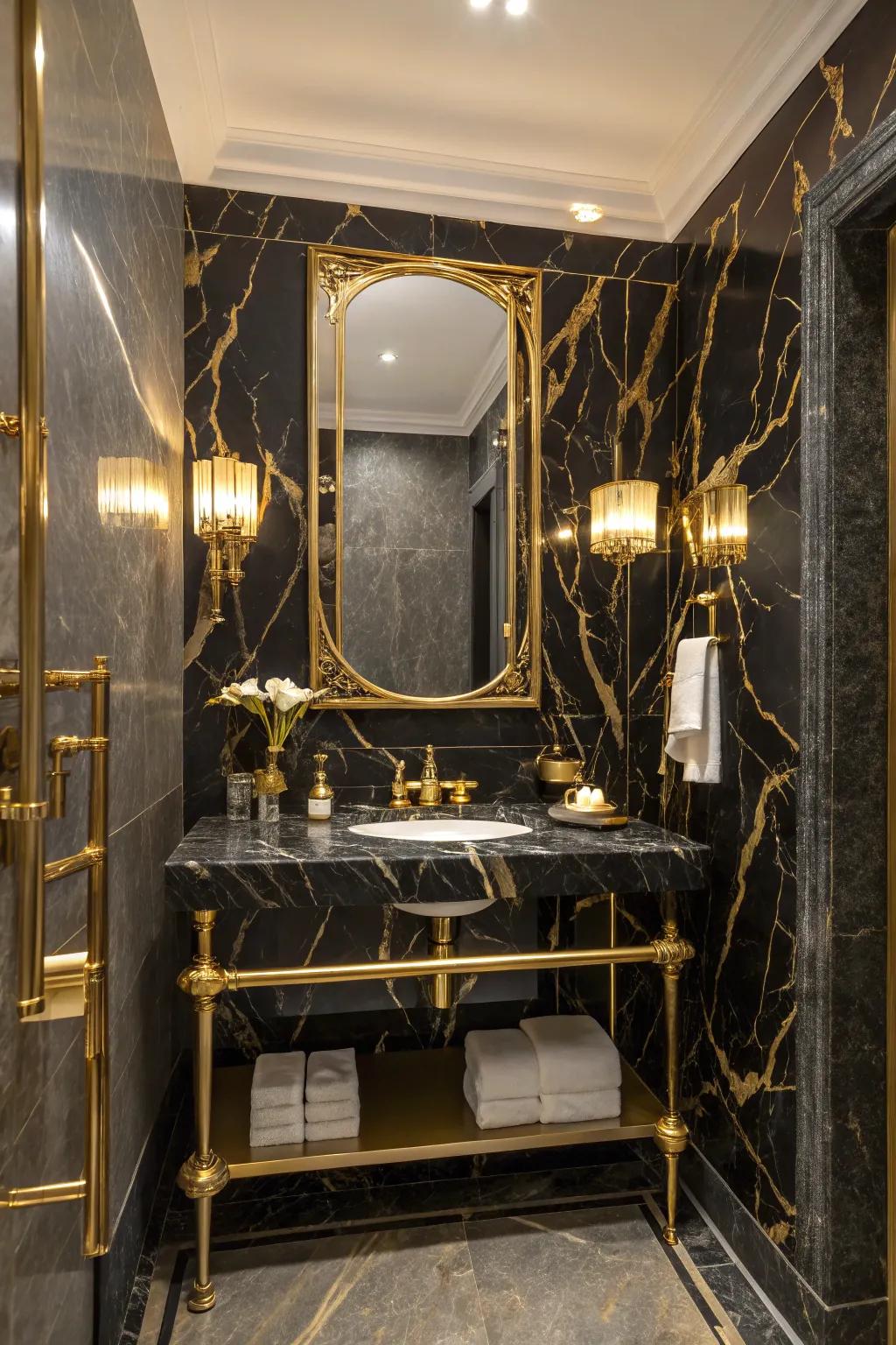 Black and gold marble effect wallpaper adds a luxurious touch.