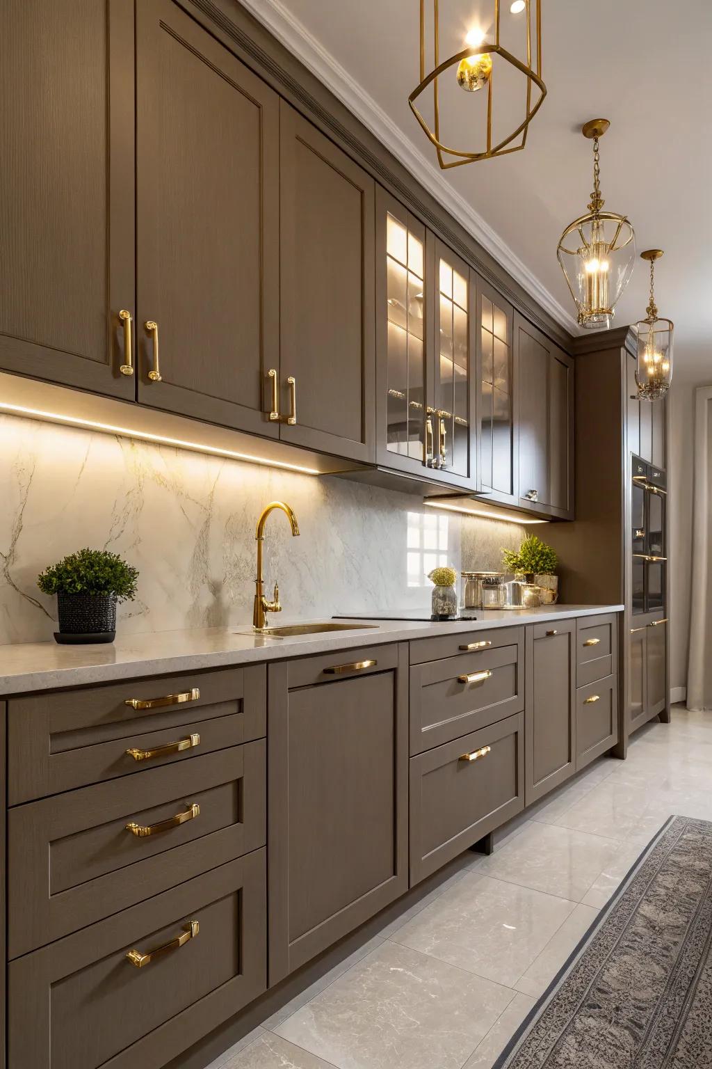 Brass accents elevate the elegance of dark beige cabinetry.