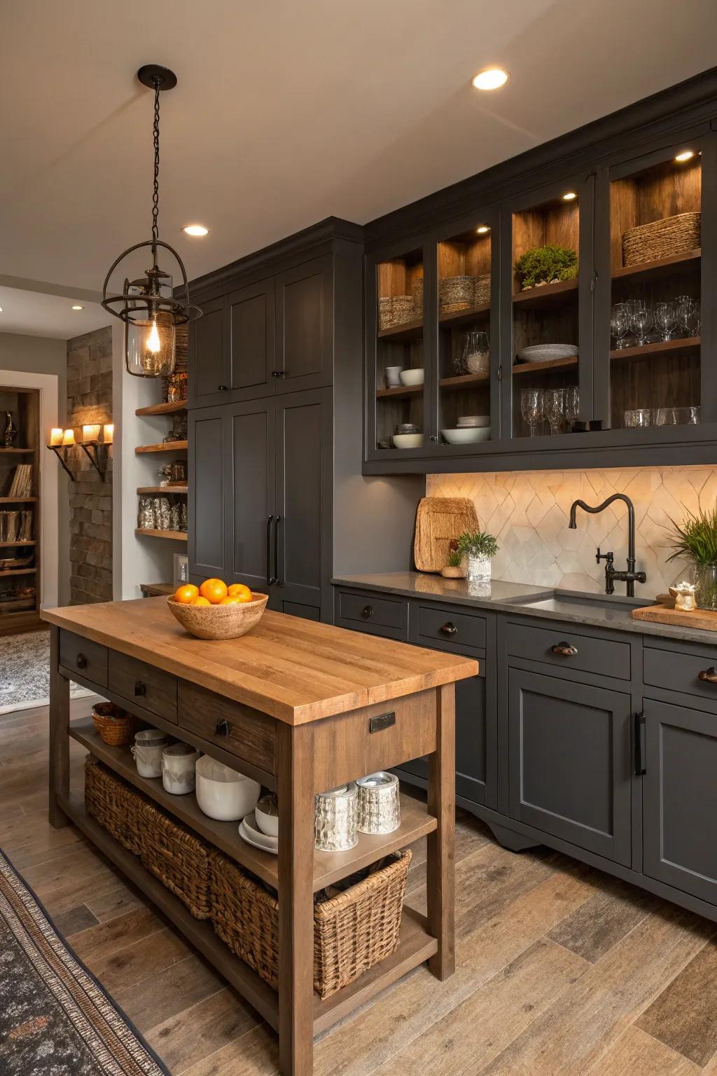 Blend of dark gray cabinets with wood accents for a warm ambiance.