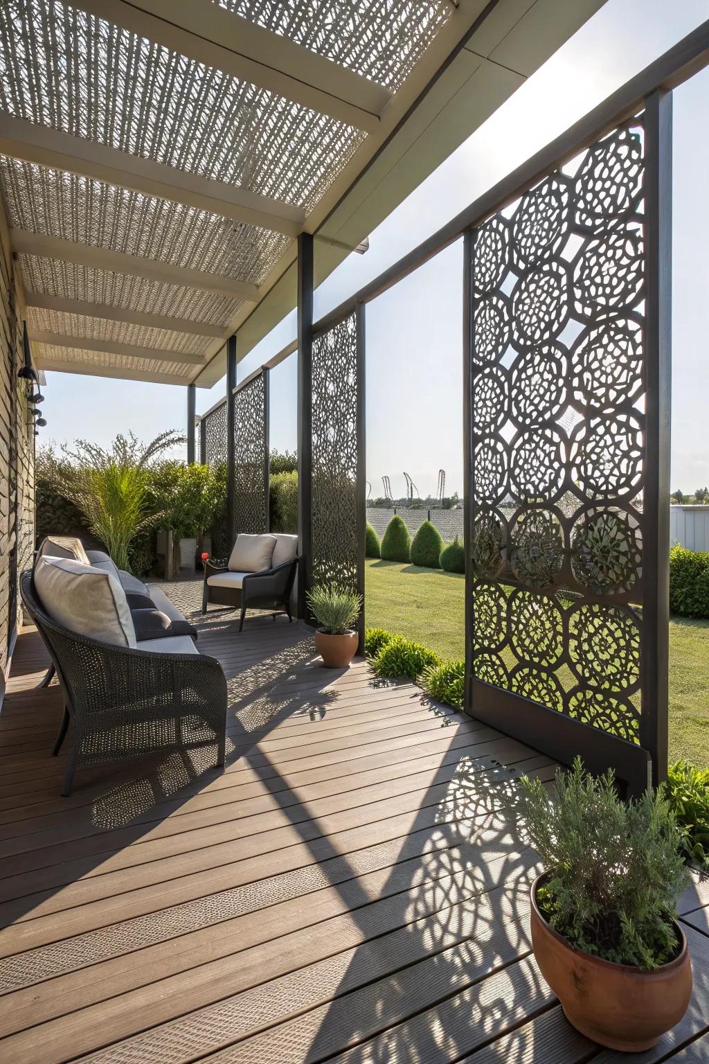 A decorative metal screen adds privacy and artistic flair to this outdoor space.