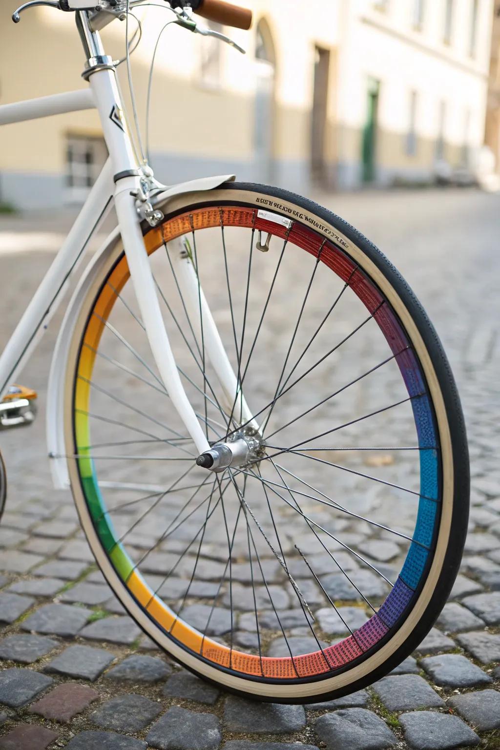 Add a splash of rainbow to your ride with these charming color chip wheels. 🌈🚴‍♀️ #ScandiBohoStyle #BicycleArt