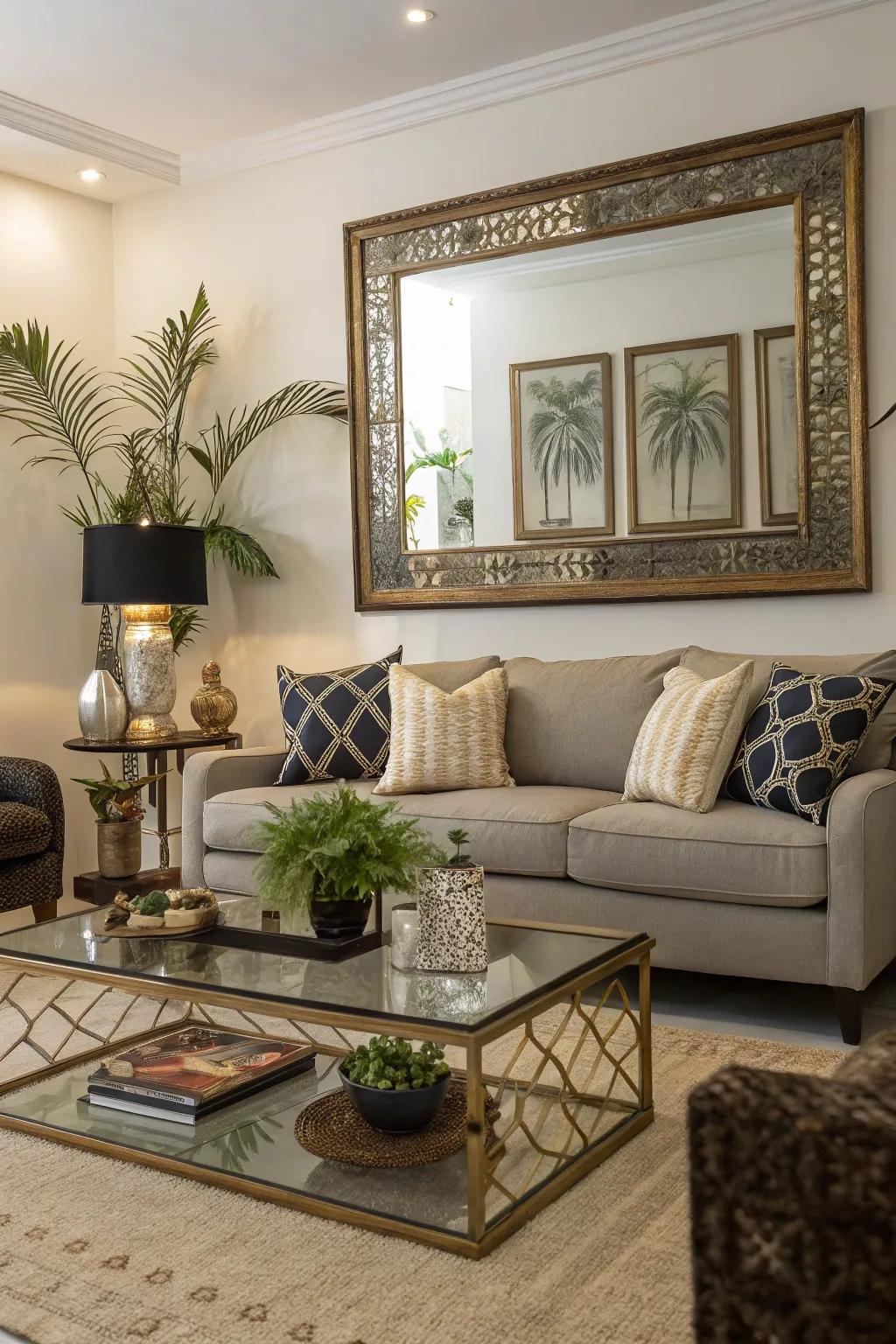 A perfectly sized mirror above the sofa adds depth and light.