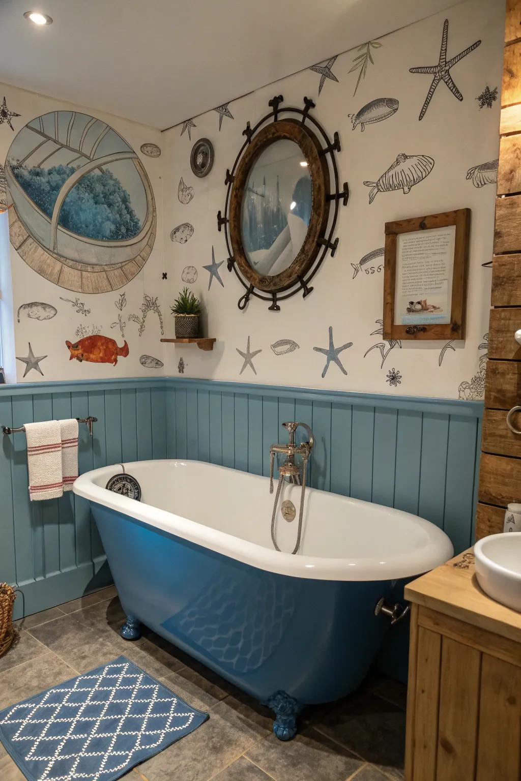 Nautical accents bring a coastal feel to a bathroom with a blue bathtub.