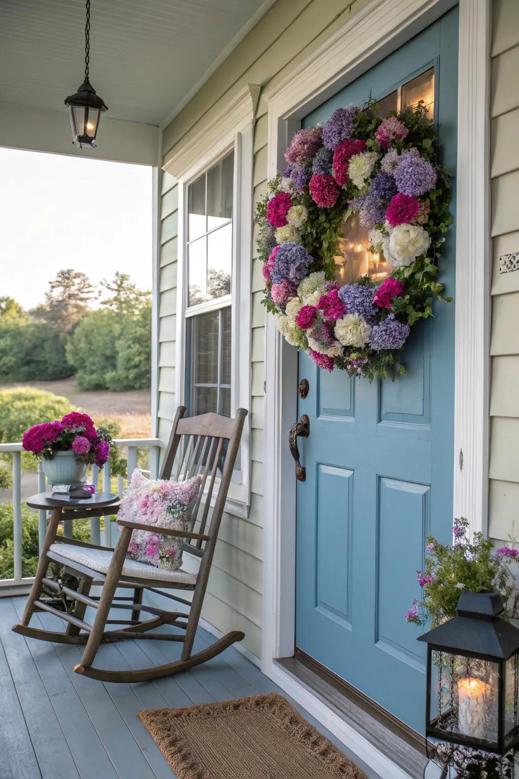 A hydrangea wreath offers a warm welcome to your home.