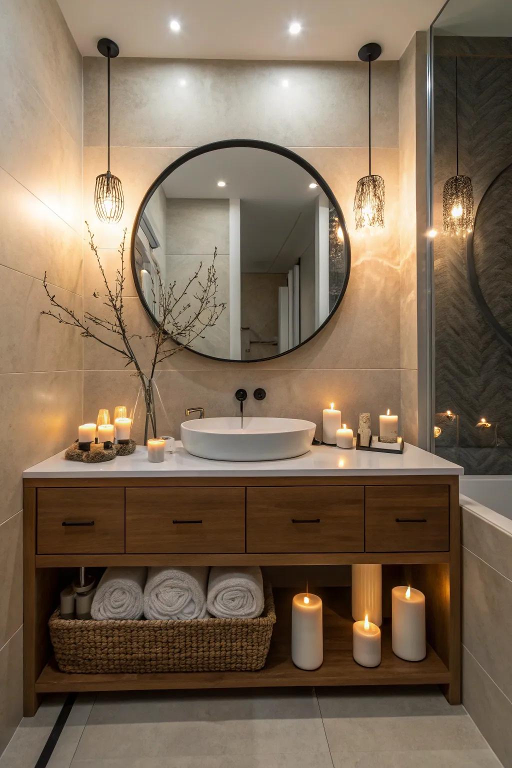 A serene bathroom scene with a round mirror as the focal point.