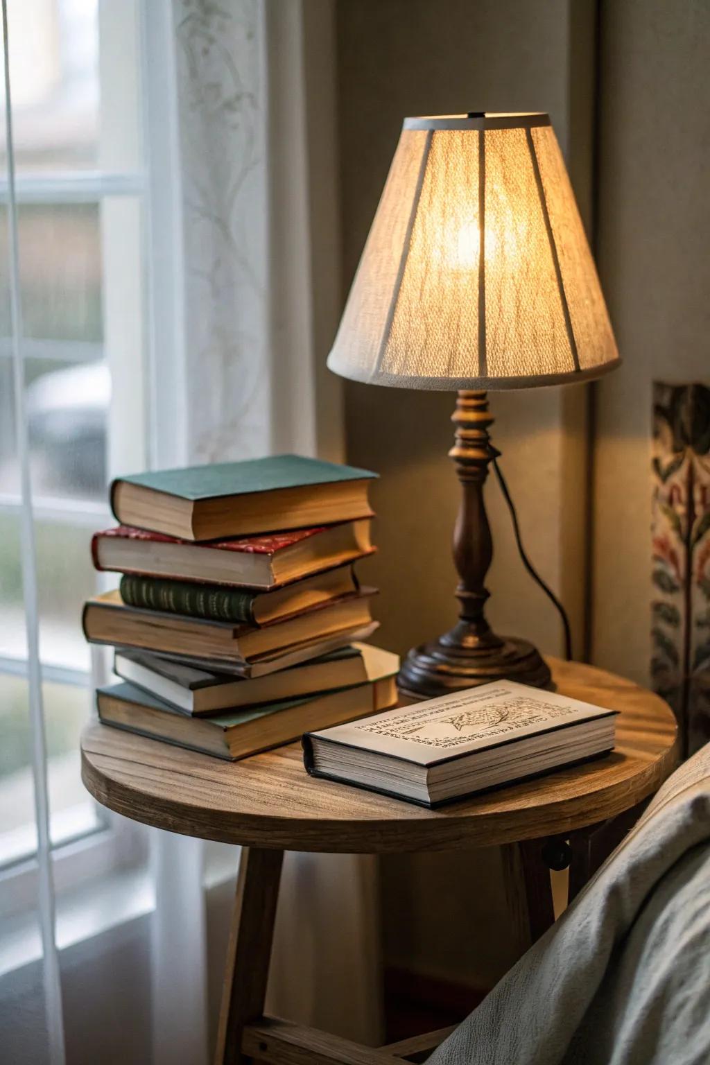 Transform your corner table into a literary escape with a selection of books.