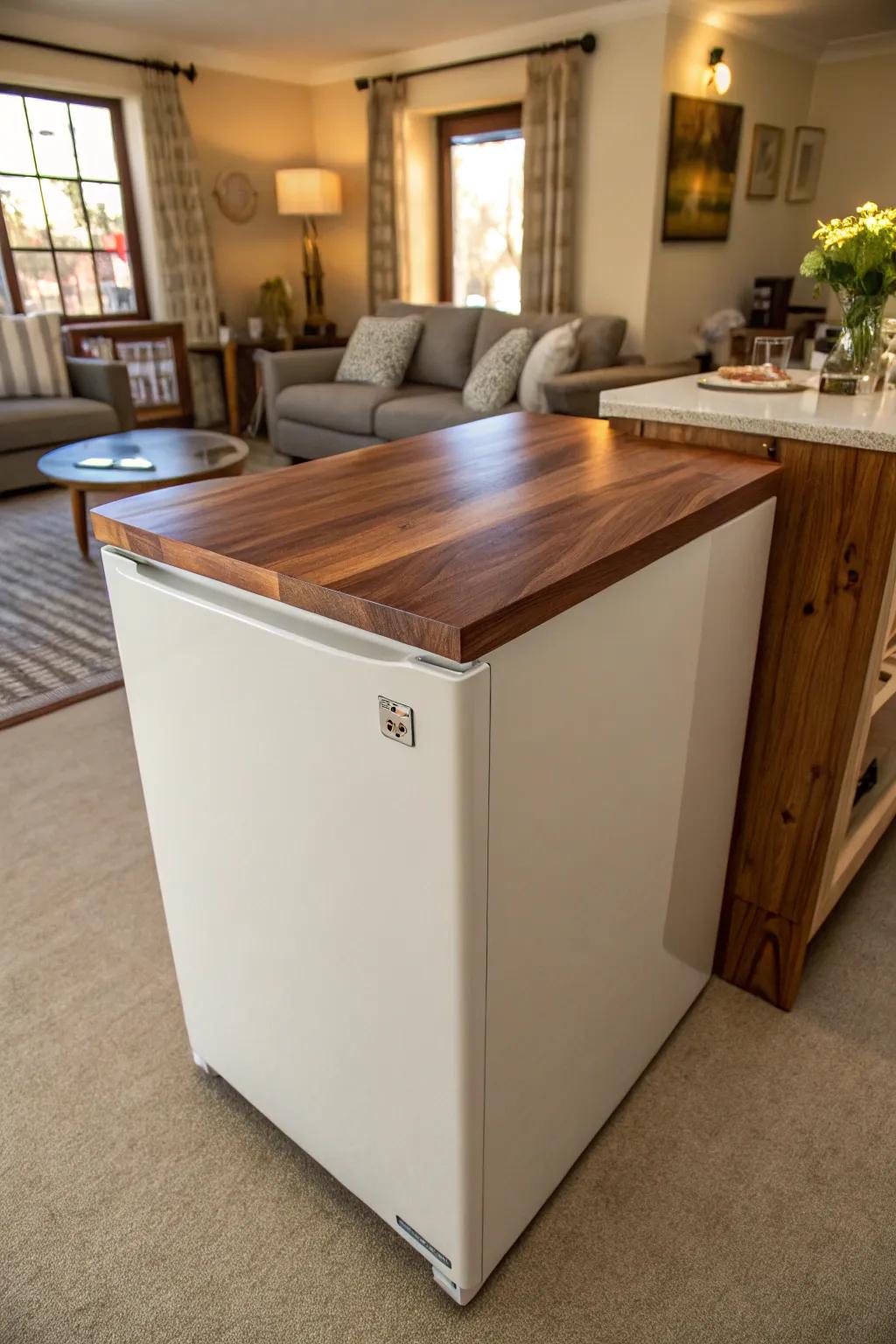 A custom wooden top turns your freezer into a stylish console table.