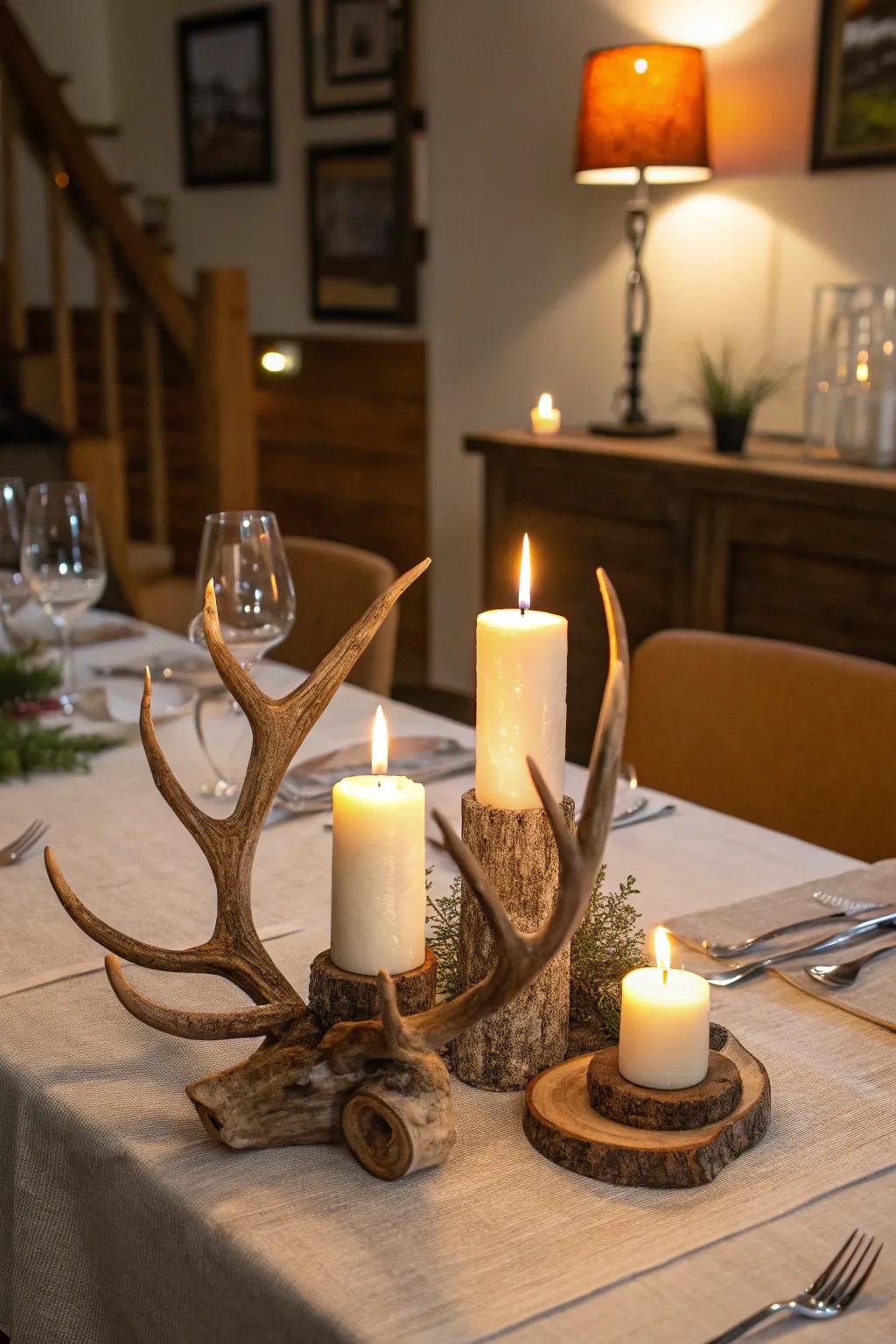 Add warmth to your dining table with antler candle holders.