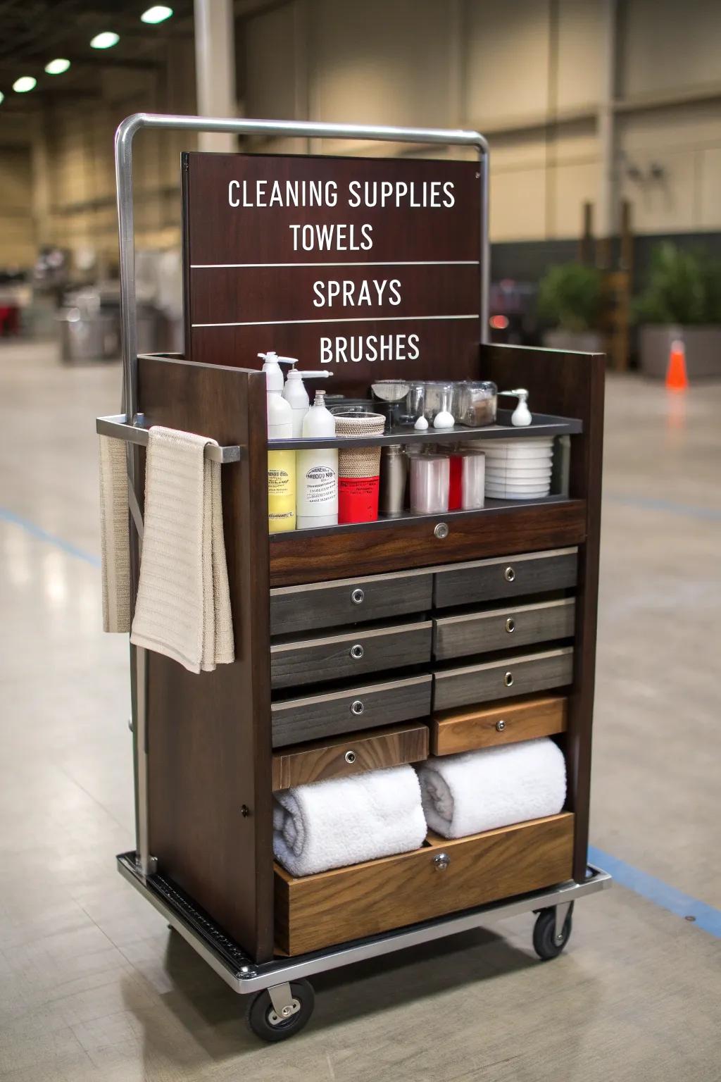 Efficiency meets craftsmanship: A well-organized detailing cart with every item labeled for clarity and quick access.