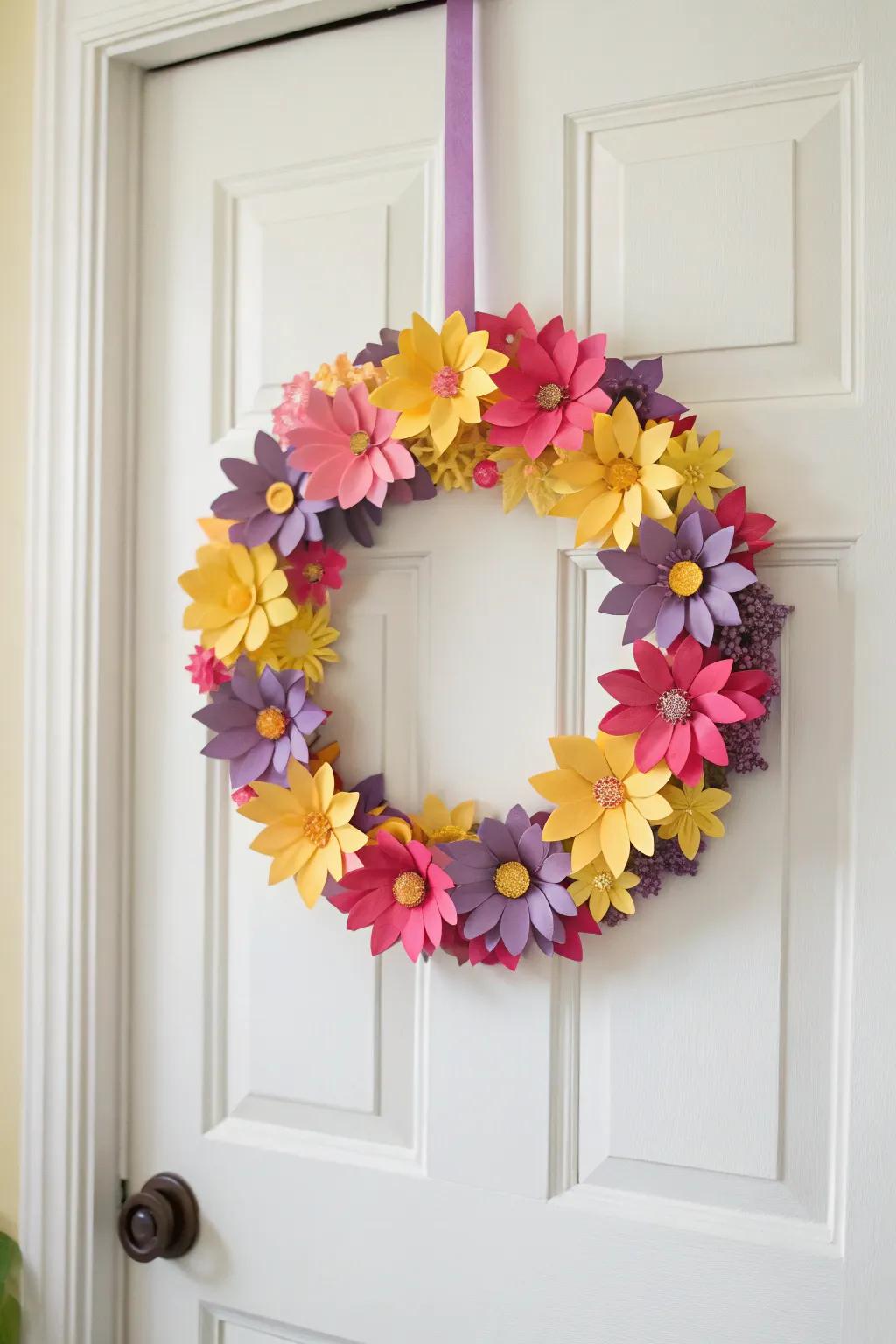 Crafted paper flowers bring life to any wreath.