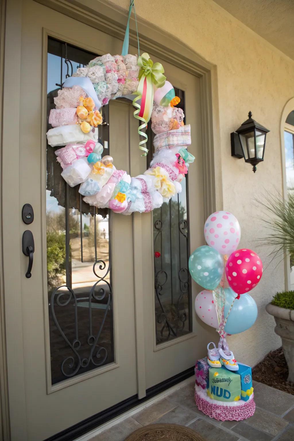 A welcoming touch with a diaper wreath.