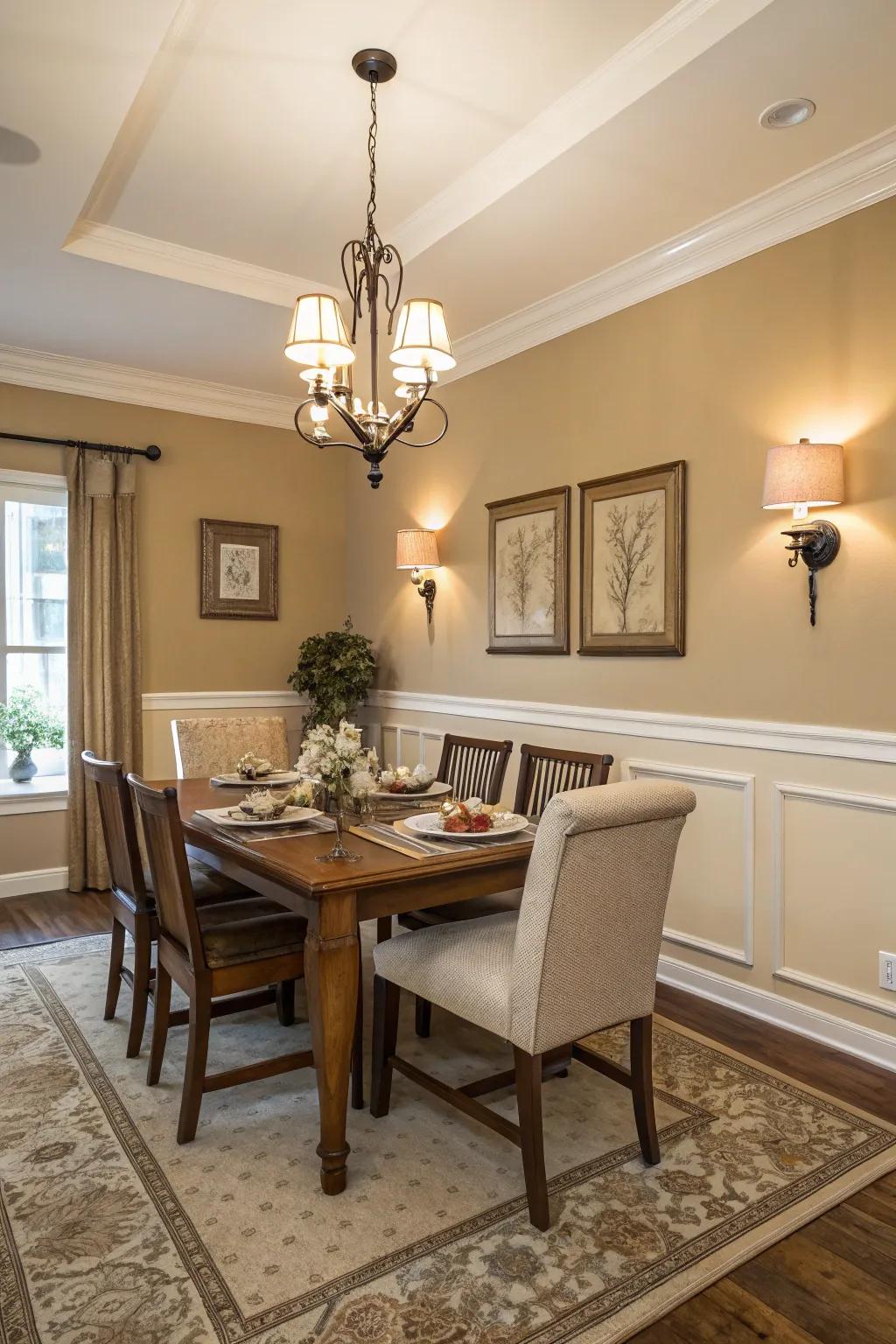 A warm and inviting dining room with beige and cream hues.