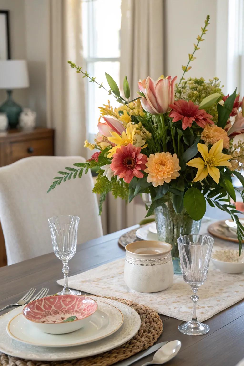 Faux florals add lasting beauty to your dining table.