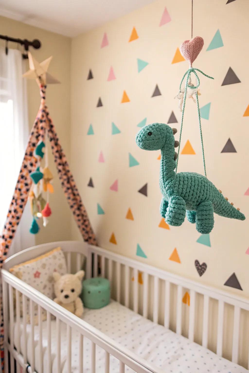 Geometric patterns bring a modern twist to this dinosaur nursery.