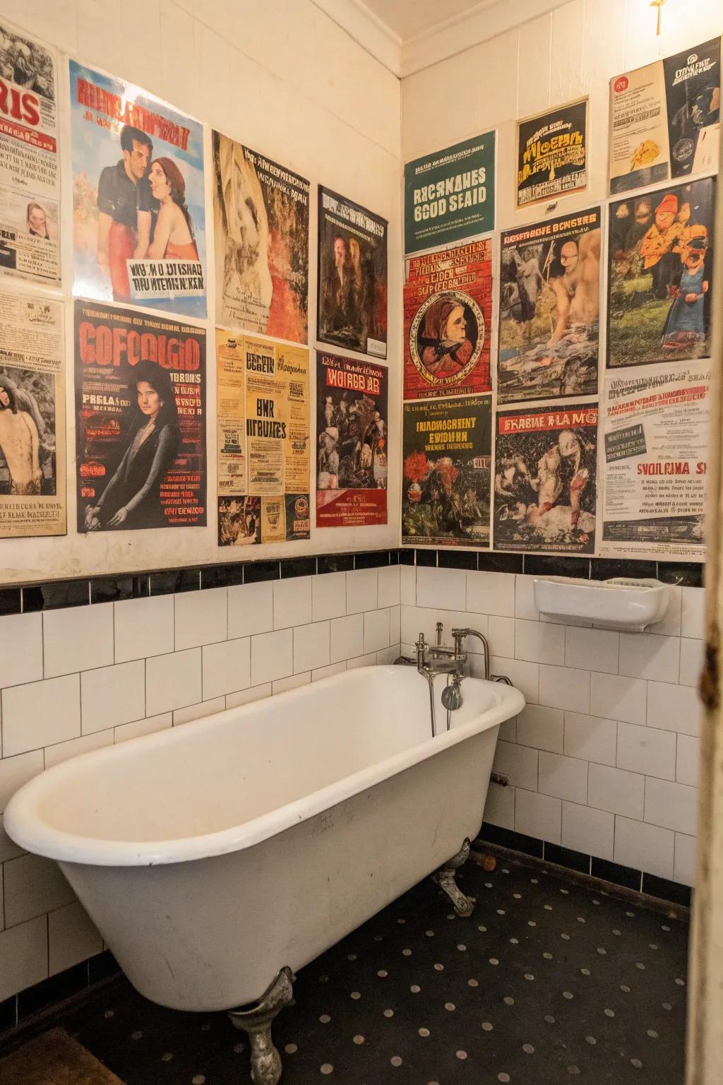 Vintage posters bring a retro vibe to the bathroom.