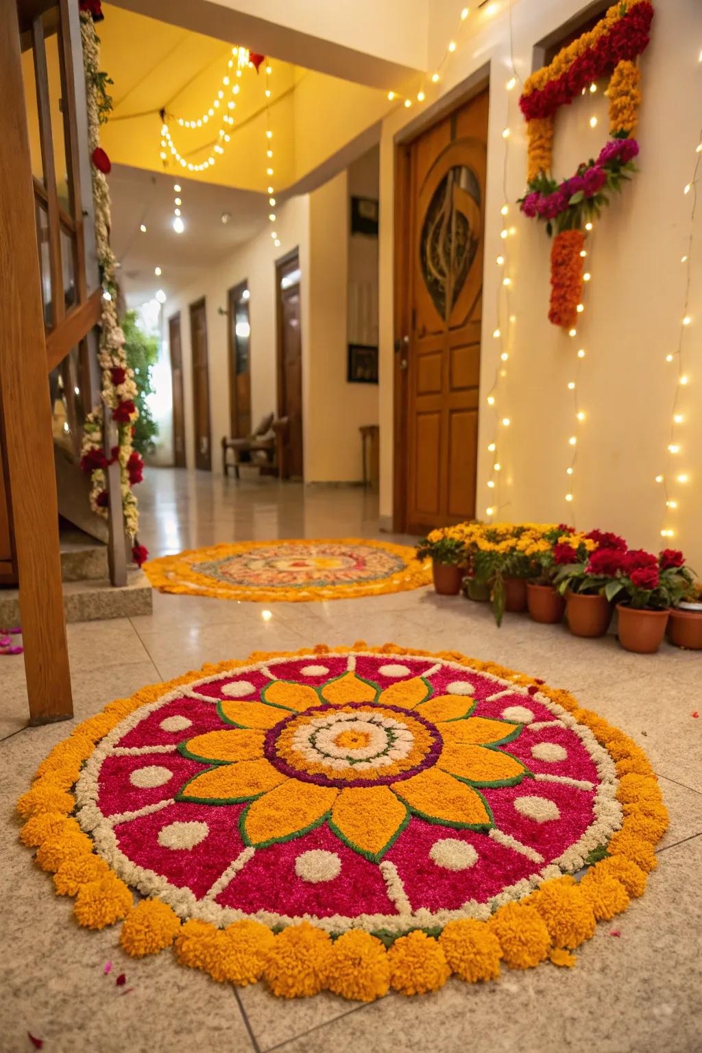 Greet your guests with a stunning floral rangoli.