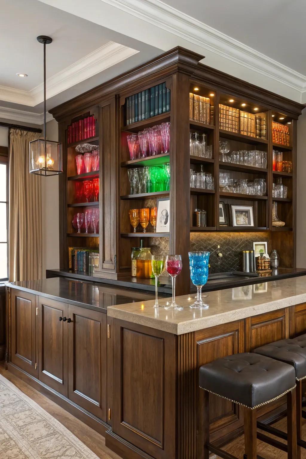 A clever and elegant use of a bookshelf as a home bar.