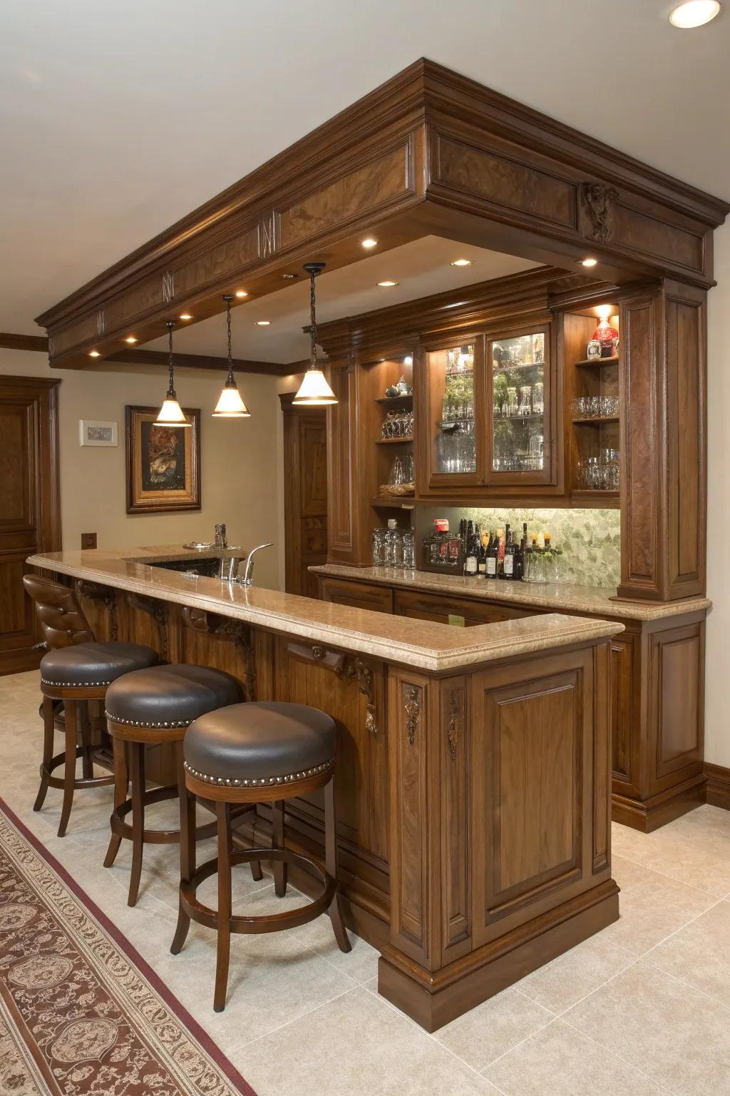 Elevate your basement with a handcrafted home bar—where style meets relaxation.