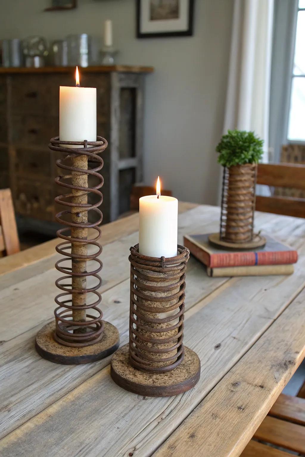 Create a warm ambiance with these rustic bed spring candle holders.