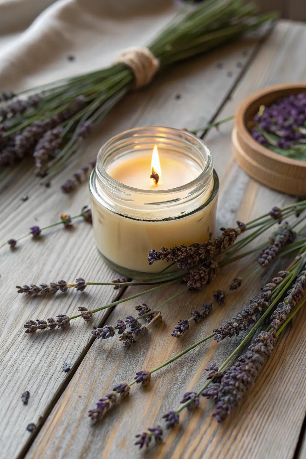 Lavender-scented soy candle perfect for a relaxing evening.