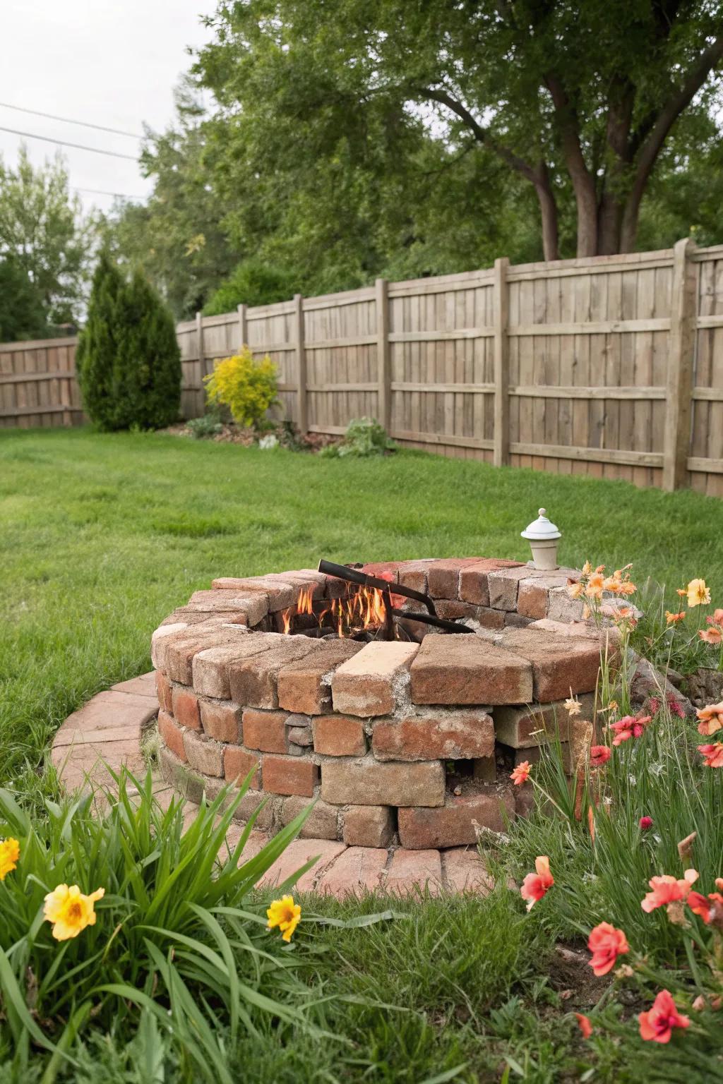 Salvaged bricks lend historical charm to this eco-friendly fire pit.