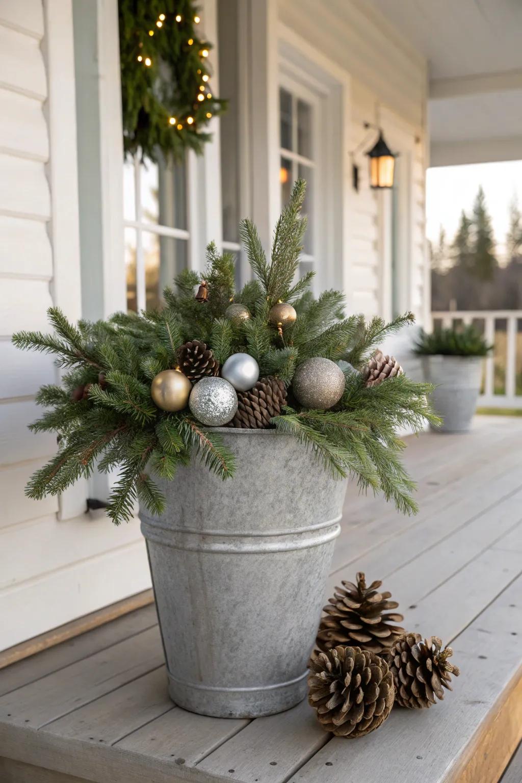 Elevate your porch's holiday charm with a beautifully crafted festive planter.