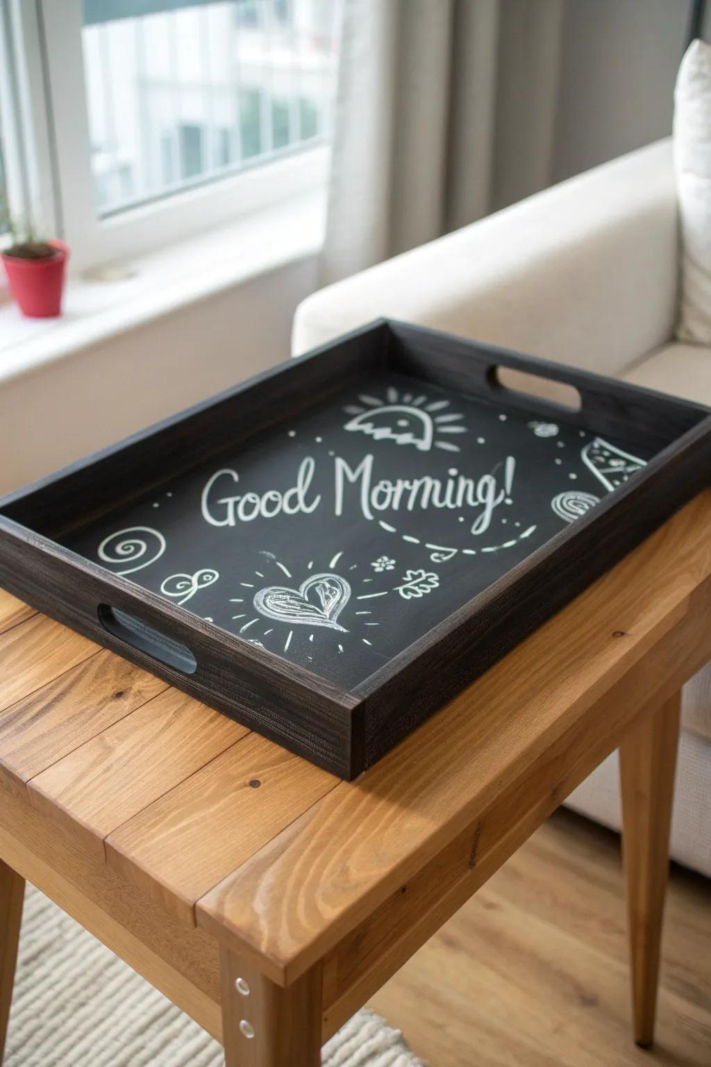 Add a playful and personal touch to your coffee table with this DIY chalkboard tray idea!