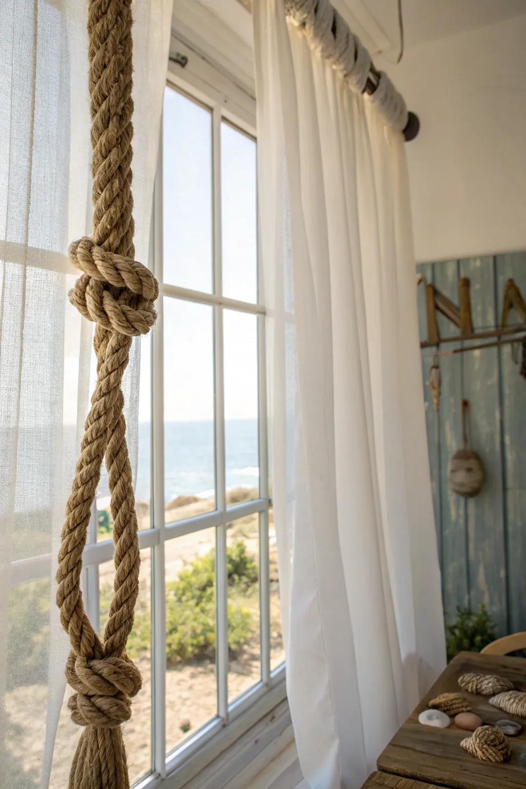 Transform your space with the rustic elegance of a rope curtain rod, perfect for a relaxed coastal vibe.