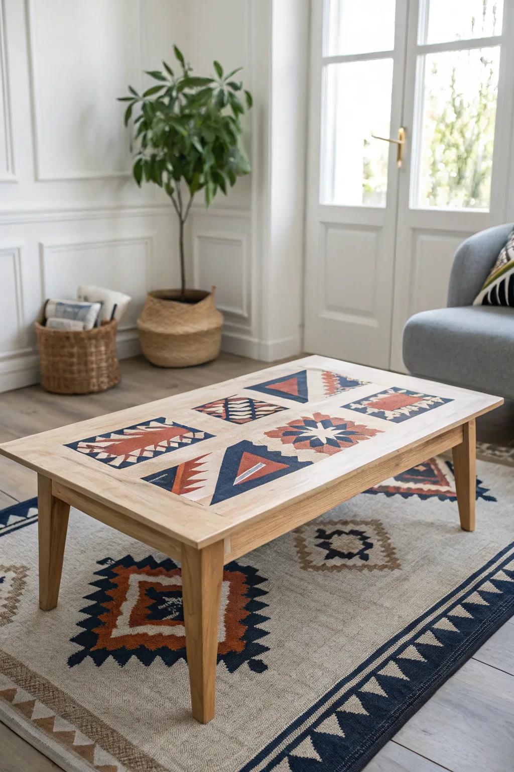Transform your space with abstract artistry: a geometric masterpiece on your coffee table.