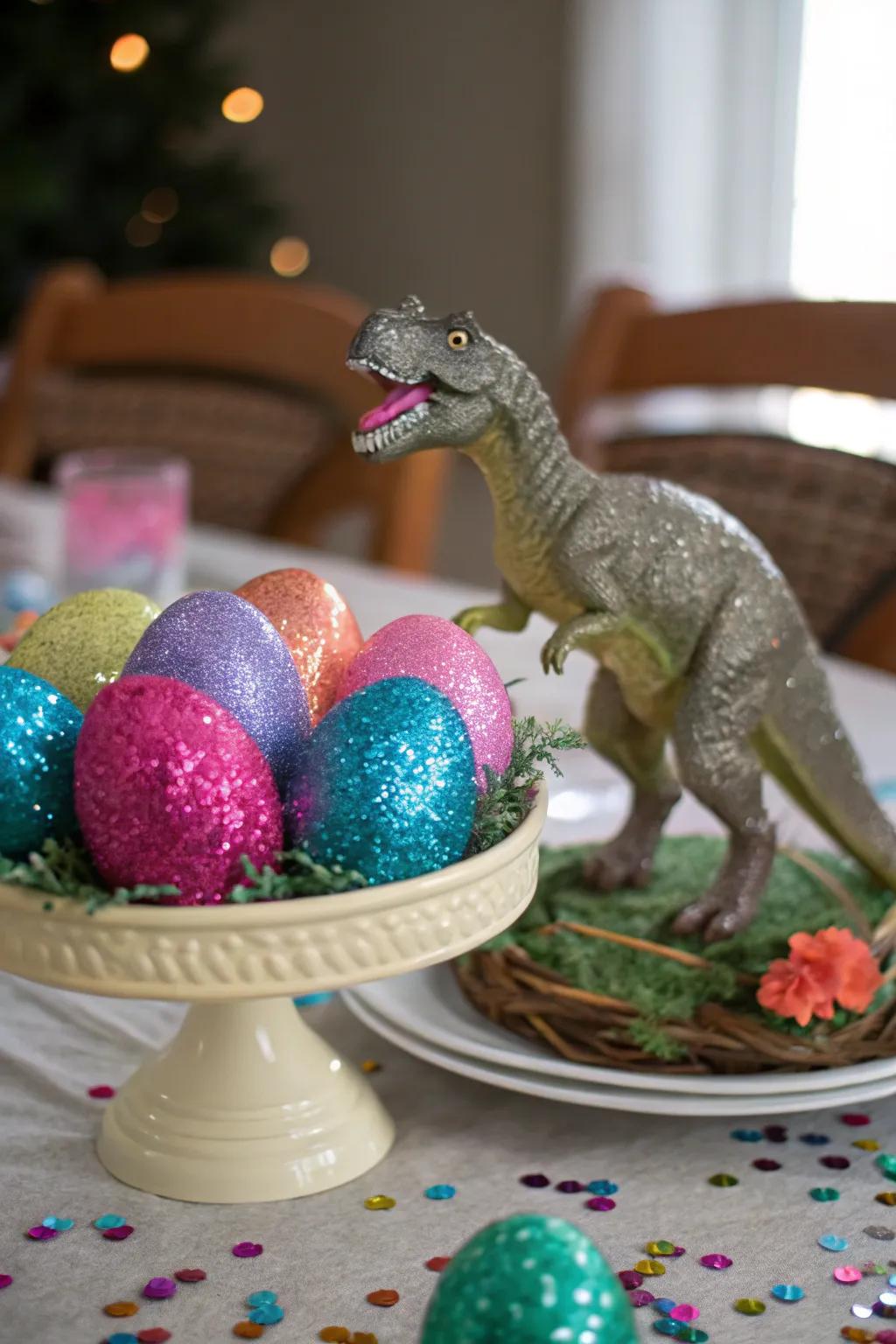 Add a touch of sparkle with a glittery dino egg centerpiece.