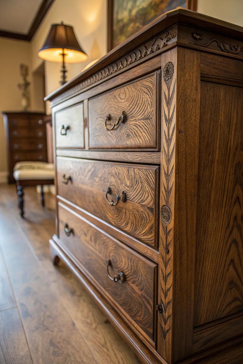 Embrace rustic elegance with a beautifully stained wooden dresser, where craftsmanship meets natural allure.
