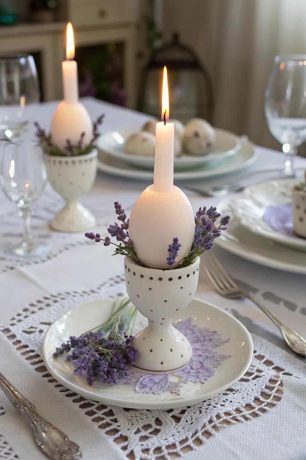 Lavender eggshell candles add a soft, fragrant glow to any Easter setting.