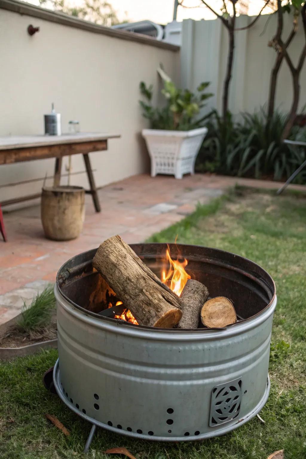 A washing machine drum transforms into a stylish, industrial fire pit.