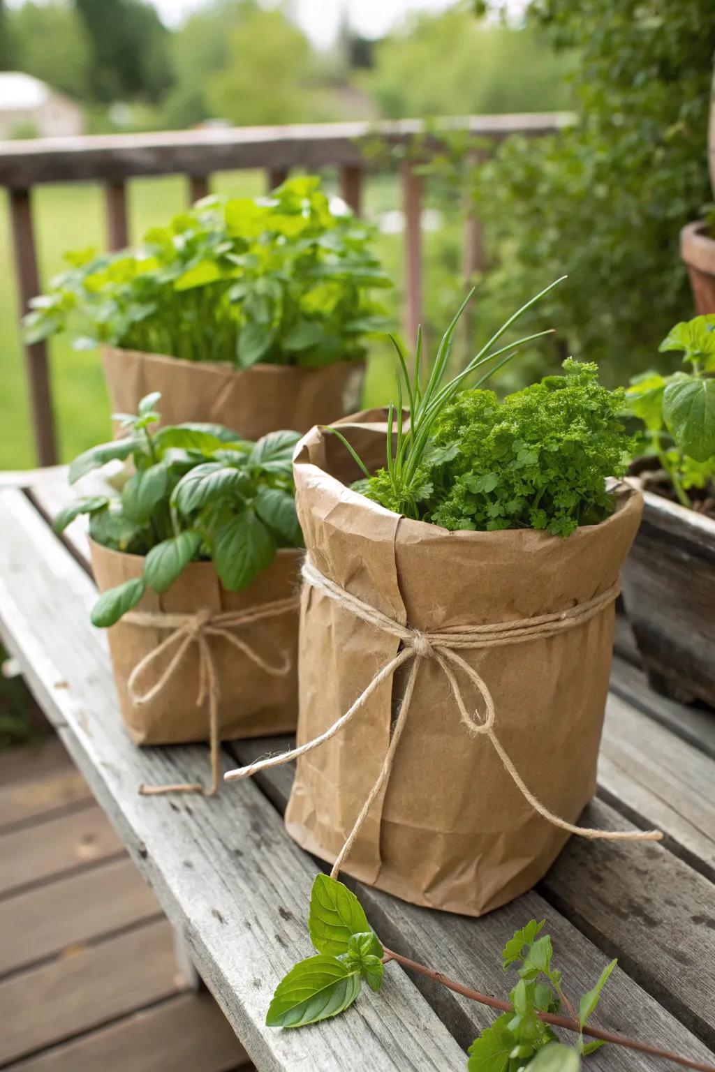 Eco-friendly paper bag planters add rustic charm to your herb garden.