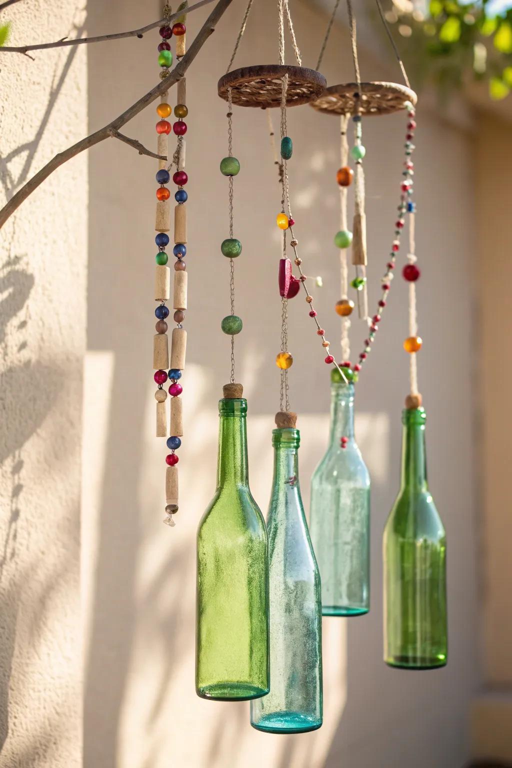 Whimsical melodies: Transform your backyard with DIY glass bottle wind chimes.
