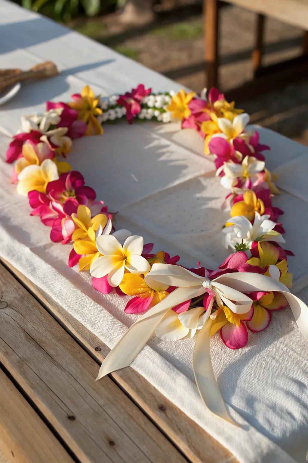 Create your own slice of paradise with a handcrafted tropical flower lei, a perfect blend of vibrant beauty and minimalist elegance.
