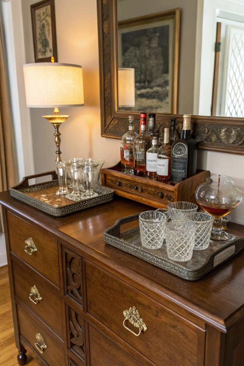 A vintage dresser repurposed into an elegant home bar, perfect for storing spirits and glassware.