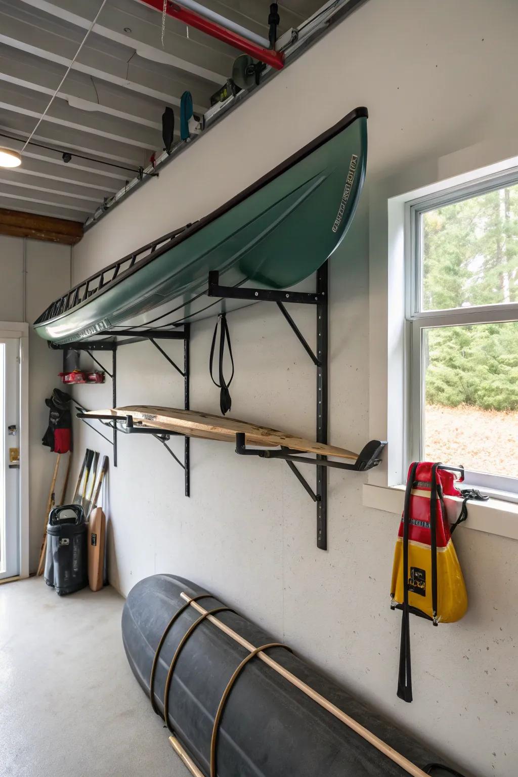 Wall-mounted brackets are a space-saving solution for canoe storage.