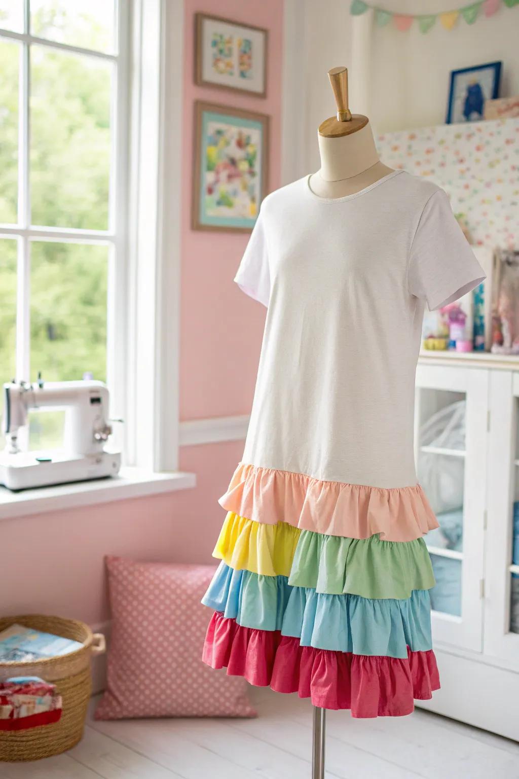 A playful t-shirt dress with layered ruffles for a fun, feminine touch.