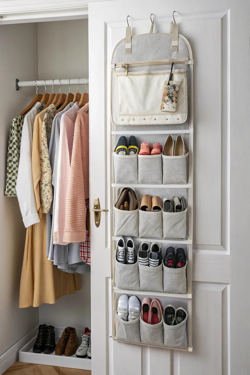 Over-the-door organizers maximize storage without taking up floor space.