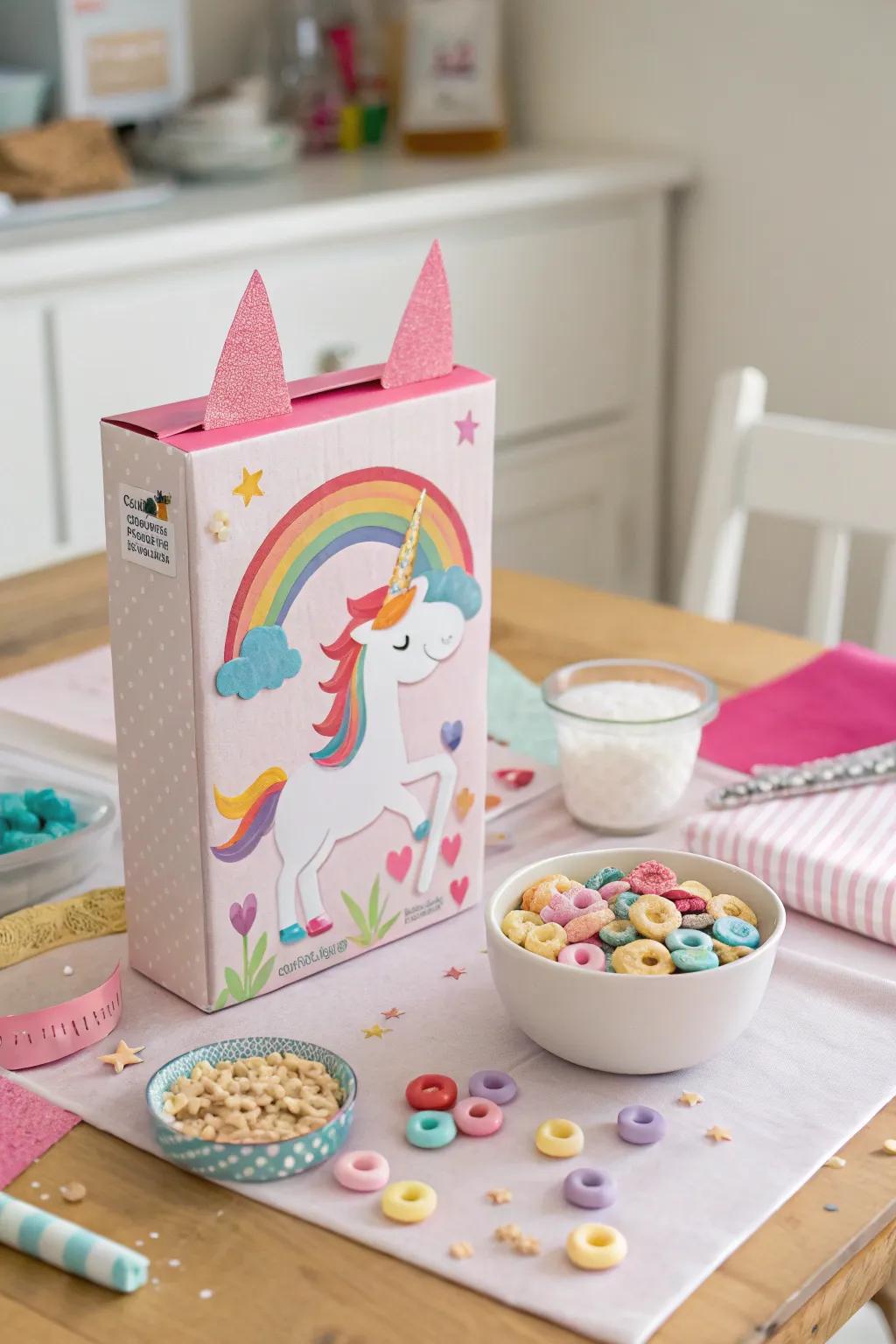 A cereal box transformed into a unicorn valentine box.