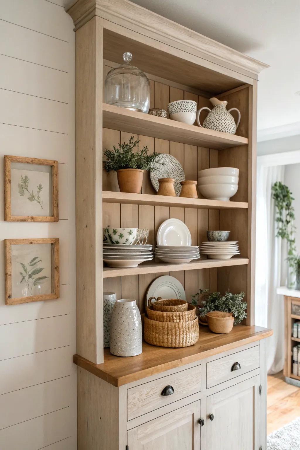 Transform your kitchen hutch into an artful display with open shelving and curated treasures.